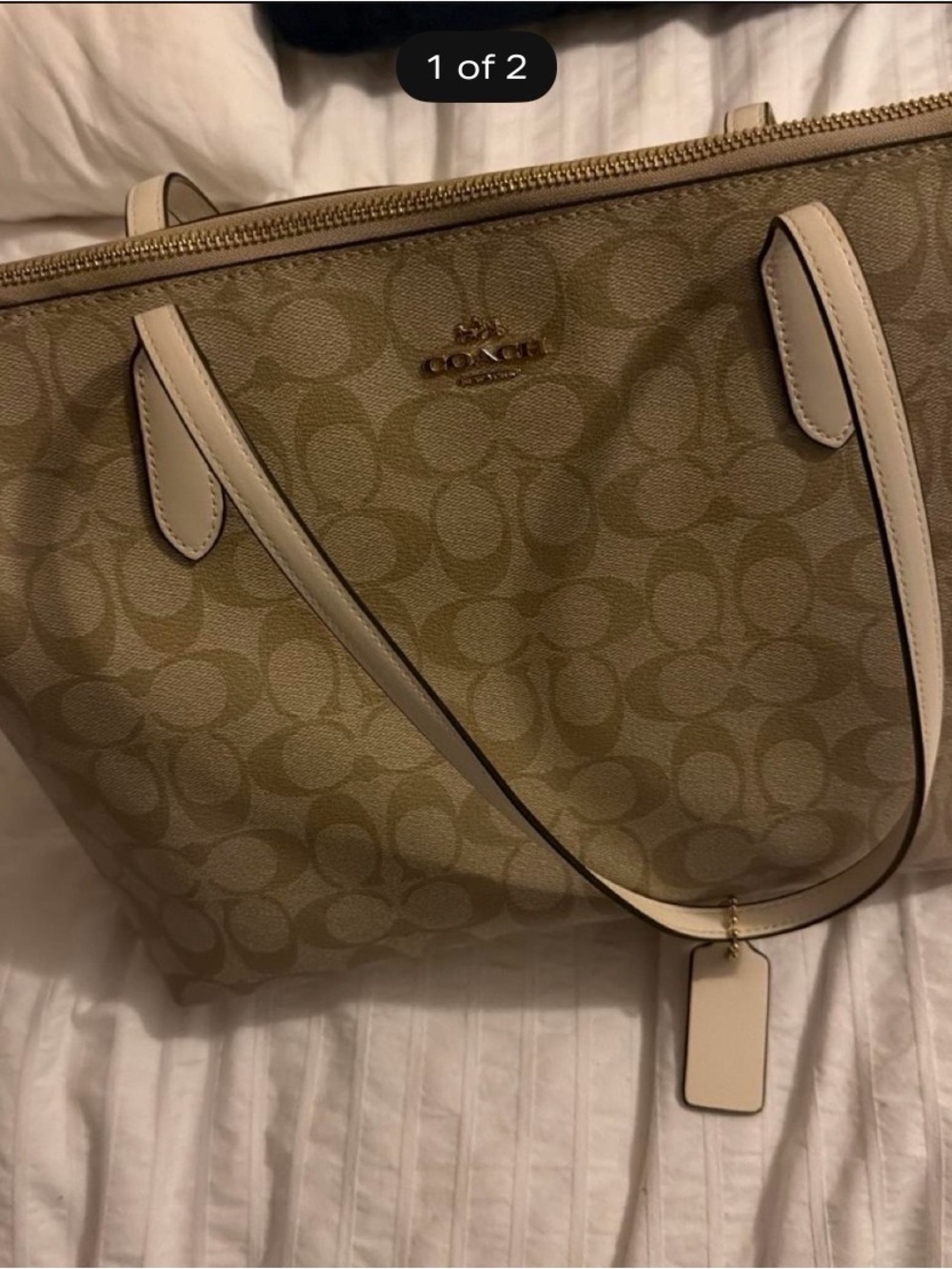 Coach Khaki Signature Canvas Tote with Cream Trim
